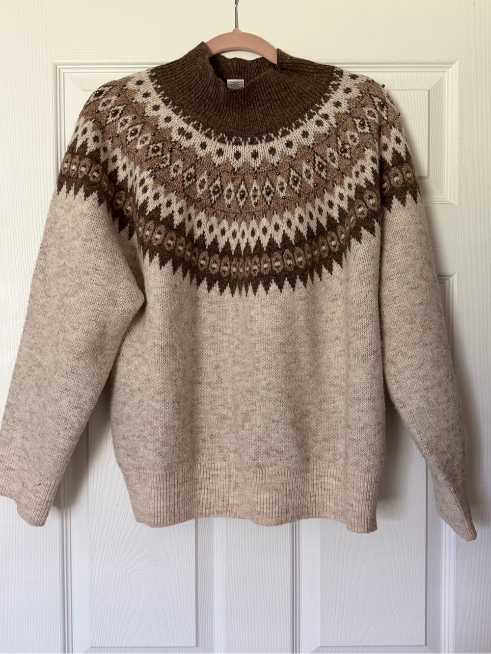 Joie Cream & Brown Fair Isle Turtleneck Sweater